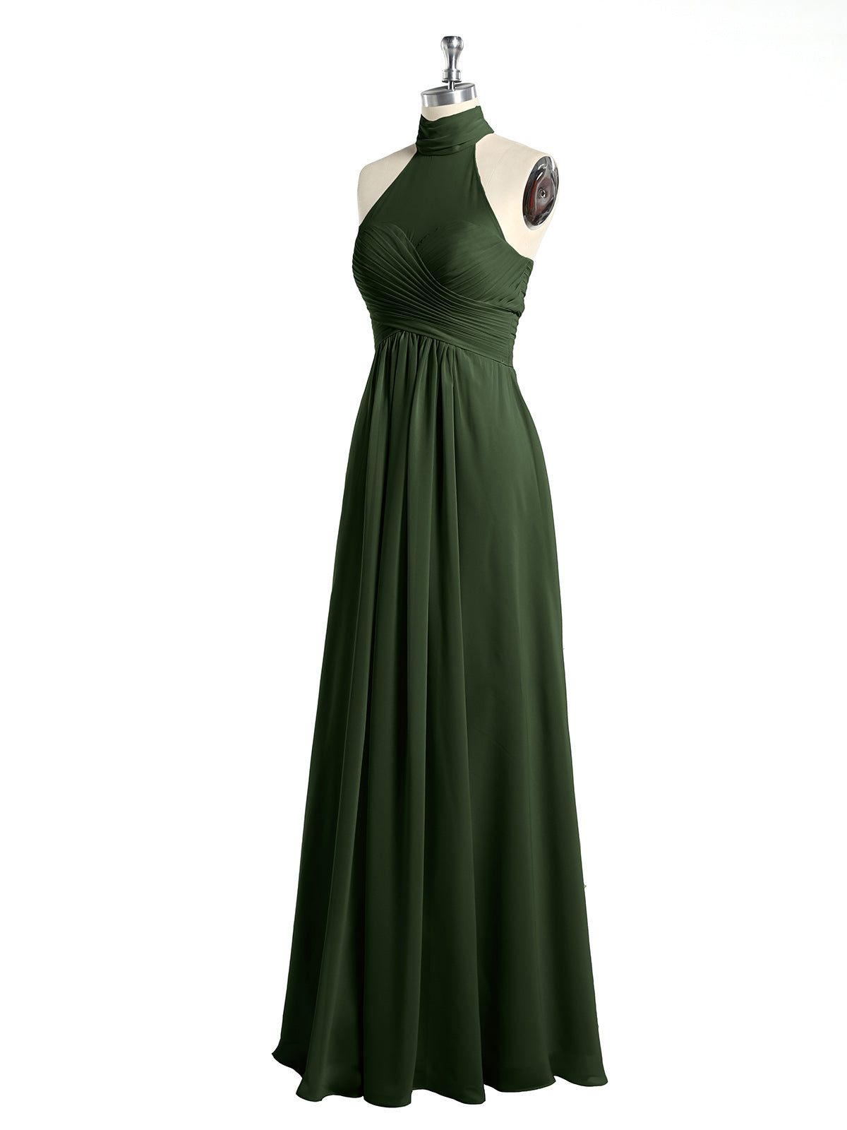 Vestidos de chiffon con escote alto ilusión y cintura cruzada Verde Oliva