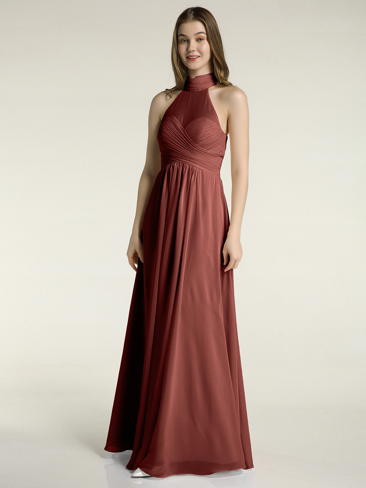 Vestidos de chiffon con escote alto ilusión y cintura cruzada Terracota Tallas Grandes