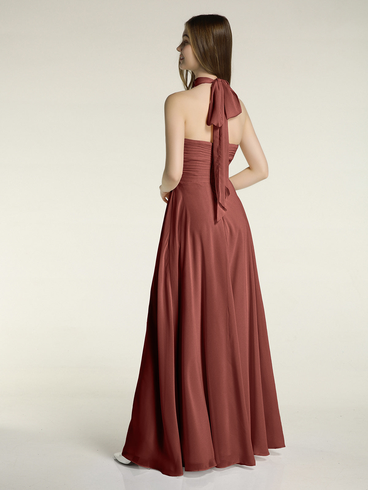 Vestidos de chiffon con escote alto ilusión y cintura cruzada Terracota
