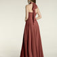 Vestidos de chiffon con escote alto ilusión y cintura cruzada Terracota Tallas Grandes