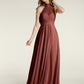 Vestidos de chiffon con escote alto ilusión y cintura cruzada Terracota Tallas Grandes