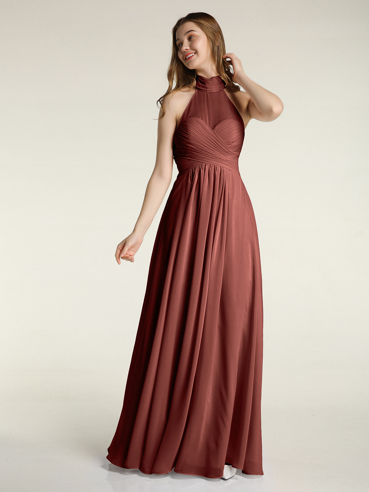 Vestidos de chiffon con escote alto ilusión y cintura cruzada Terracota Tallas Grandes