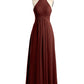 Vestidos de chiffon con escote alto ilusión y cintura cruzada Terracota Tallas Grandes