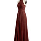 Vestidos de chiffon con escote alto ilusión y cintura cruzada Terracota