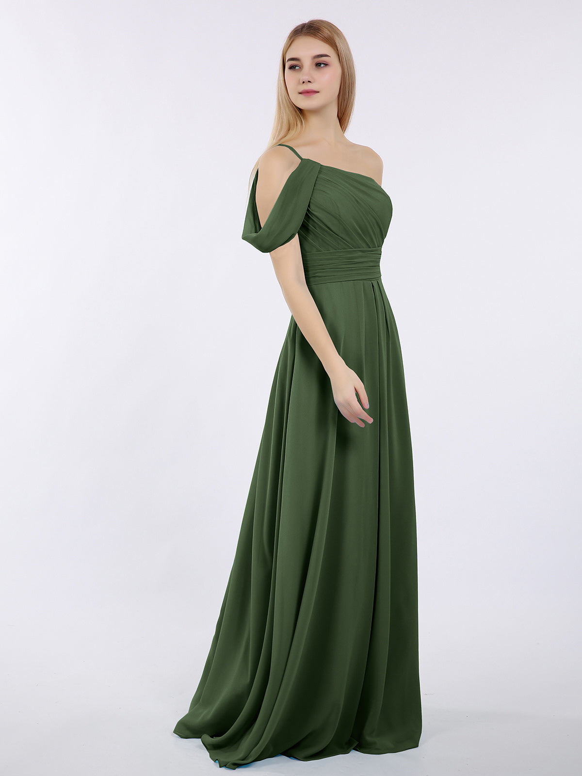 Prudence Un Hombro Gasa Largo Cortes De Dama De Honor Verde Oliva Tallas Grandes