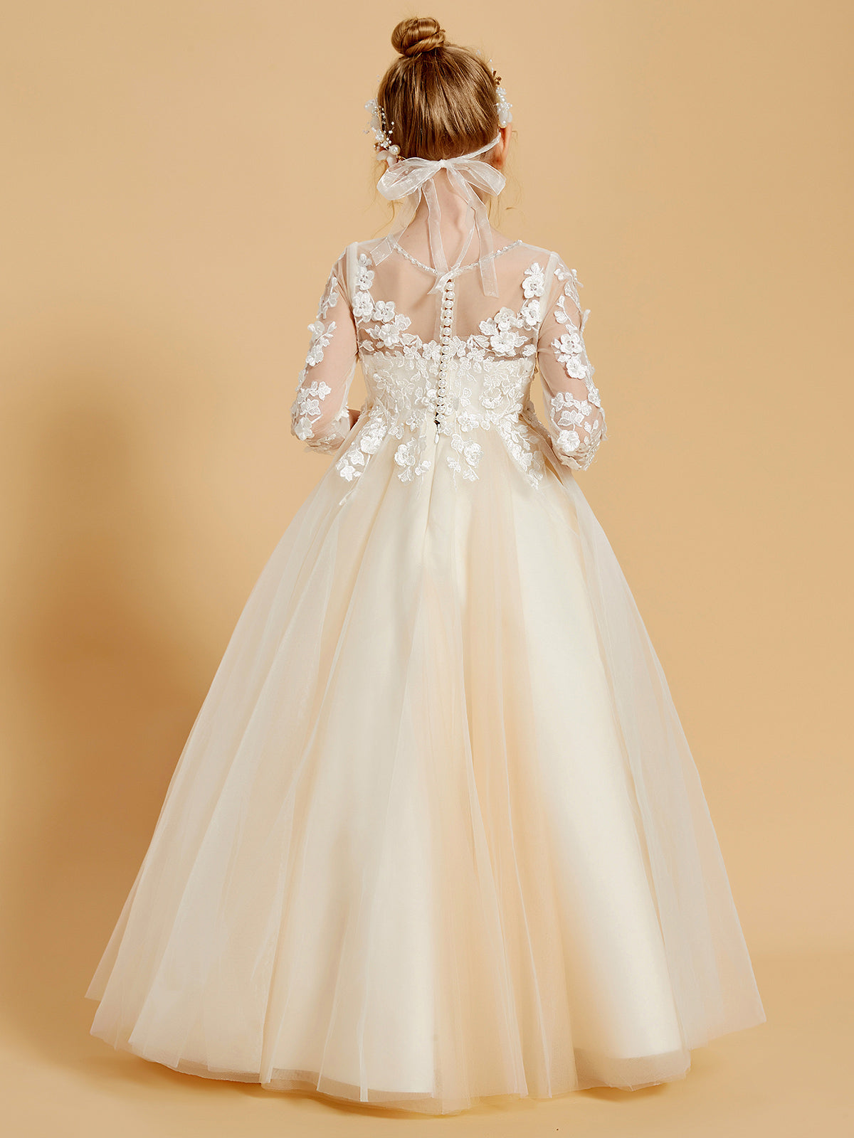 Vestidos De NiñA De Las Flores Elegantes Con Mangas Largas Y Adornos De Apliques