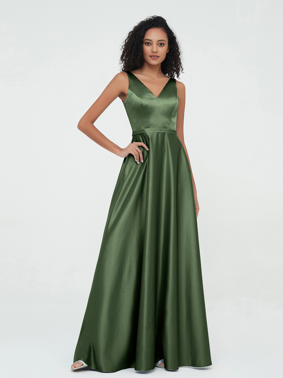 Vestidos máximos de satén estilo A-line con escote en V y bolsillos Verde Oliva Tallas Grandes