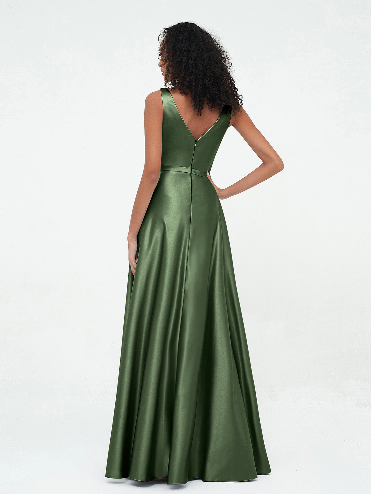 Vestidos máximos de satén estilo A-line con escote en V y bolsillos Verde Oliva