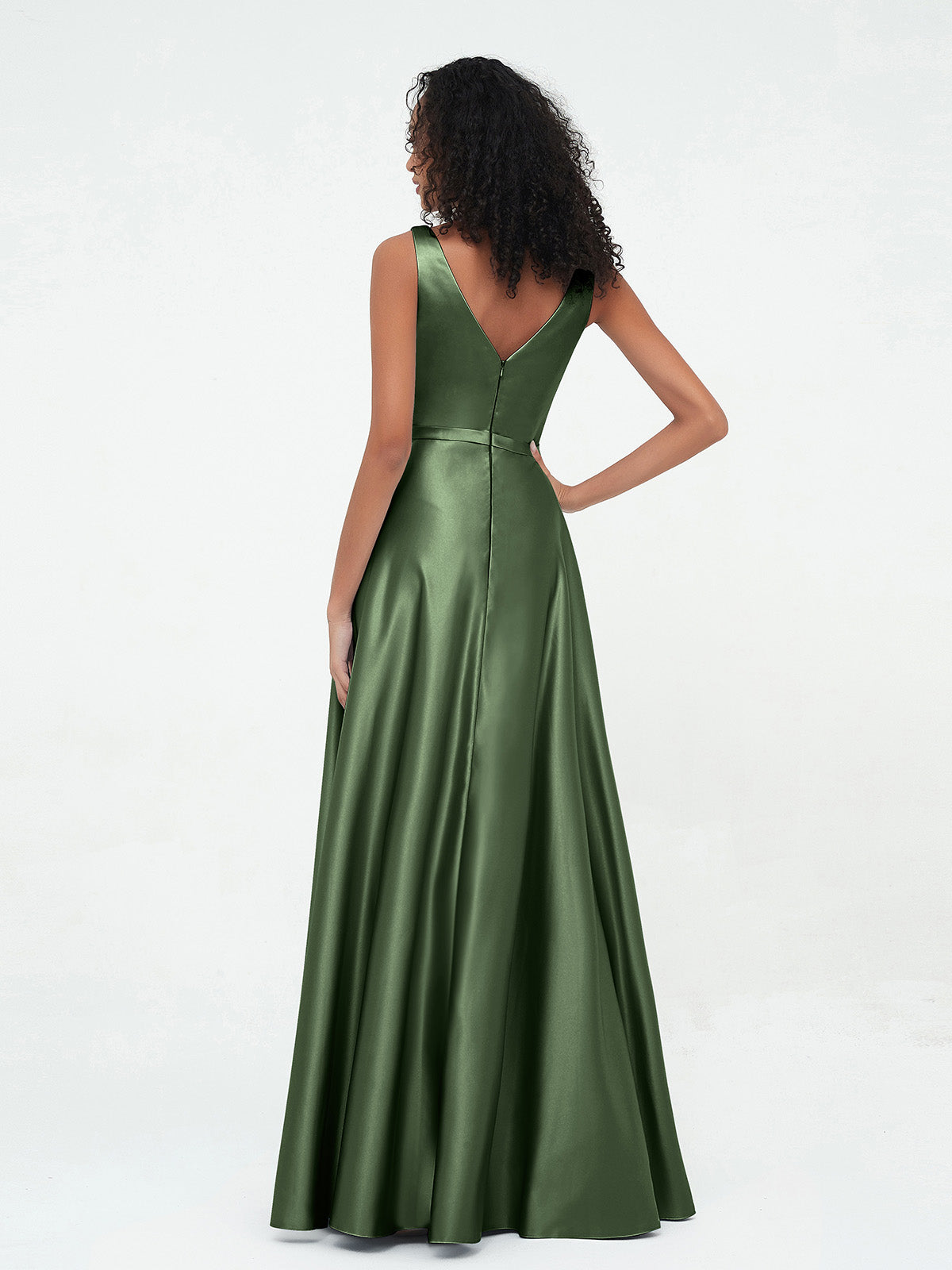 Vestidos máximos de satén estilo A-line con escote en V y bolsillos Verde Oliva Tallas Grandes
