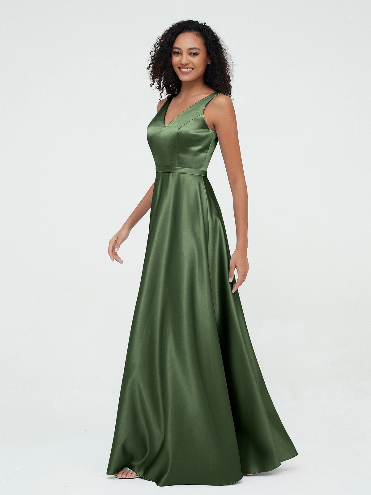 Vestidos máximos de satén estilo A-line con escote en V y bolsillos Verde Oliva Tallas Grandes