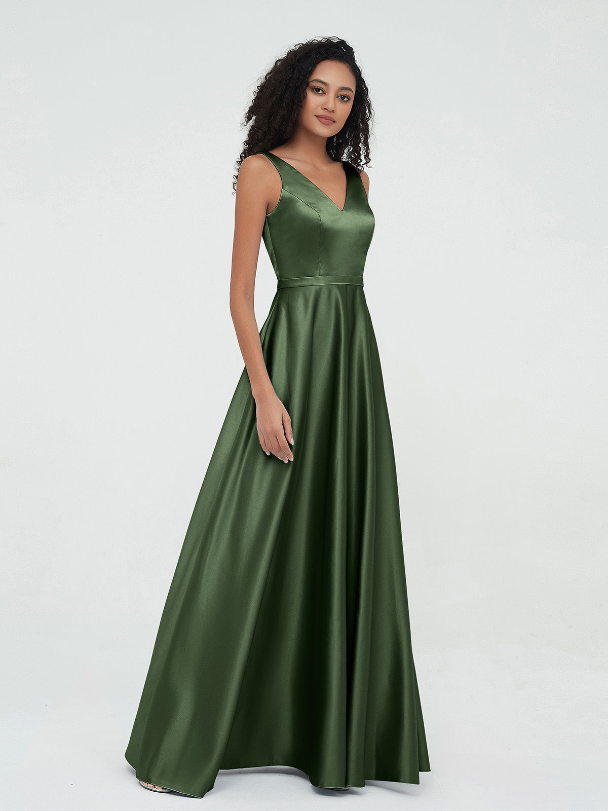 Vestidos máximos de satén estilo A-line con escote en V y bolsillos Verde Oliva Tallas Grandes