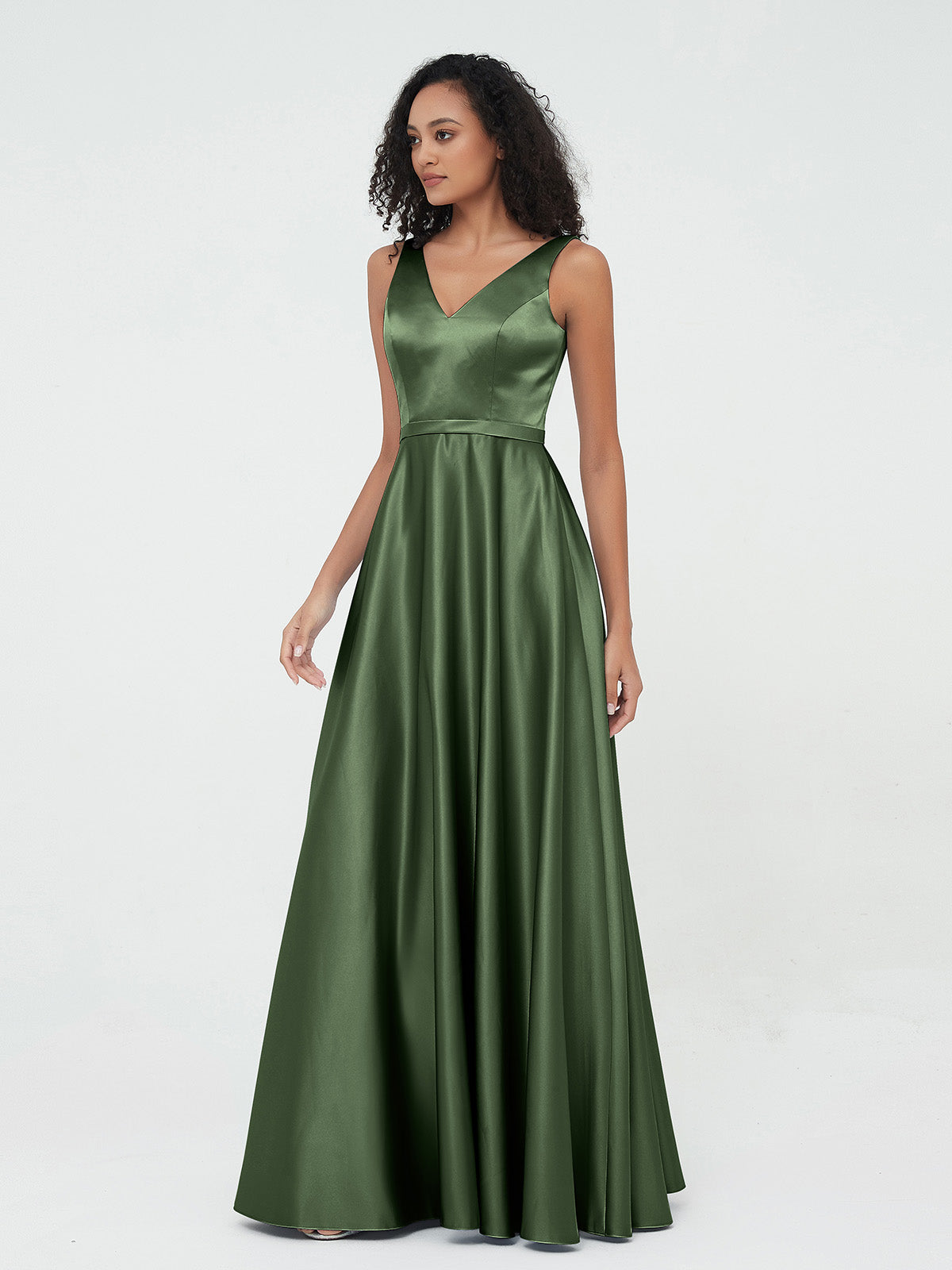 Vestidos máximos de satén estilo A-line con escote en V y bolsillos Verde Oliva Tallas Grandes