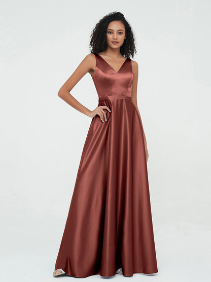 Vestidos máximos de satén estilo A-line con escote en V y bolsillos Terracota Tallas Grandes