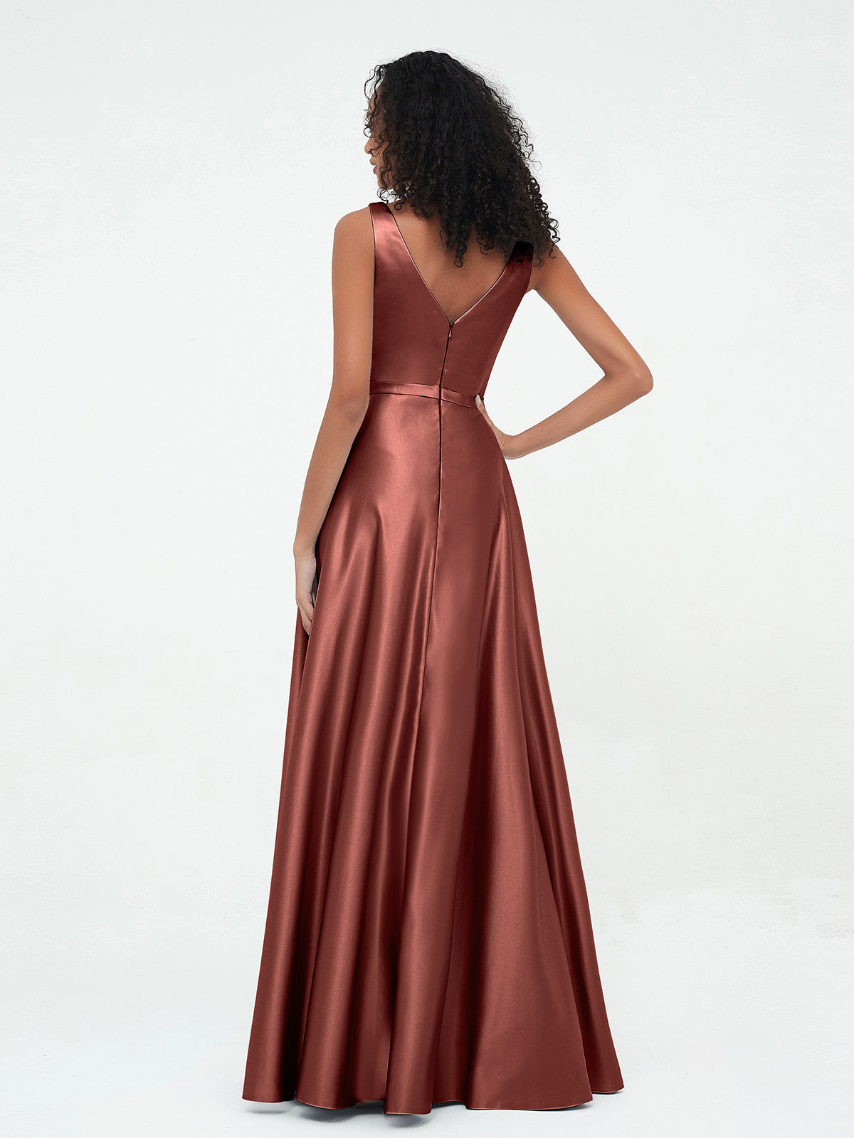 Vestidos máximos de satén estilo A-line con escote en V y bolsillos Terracota Tallas Grandes