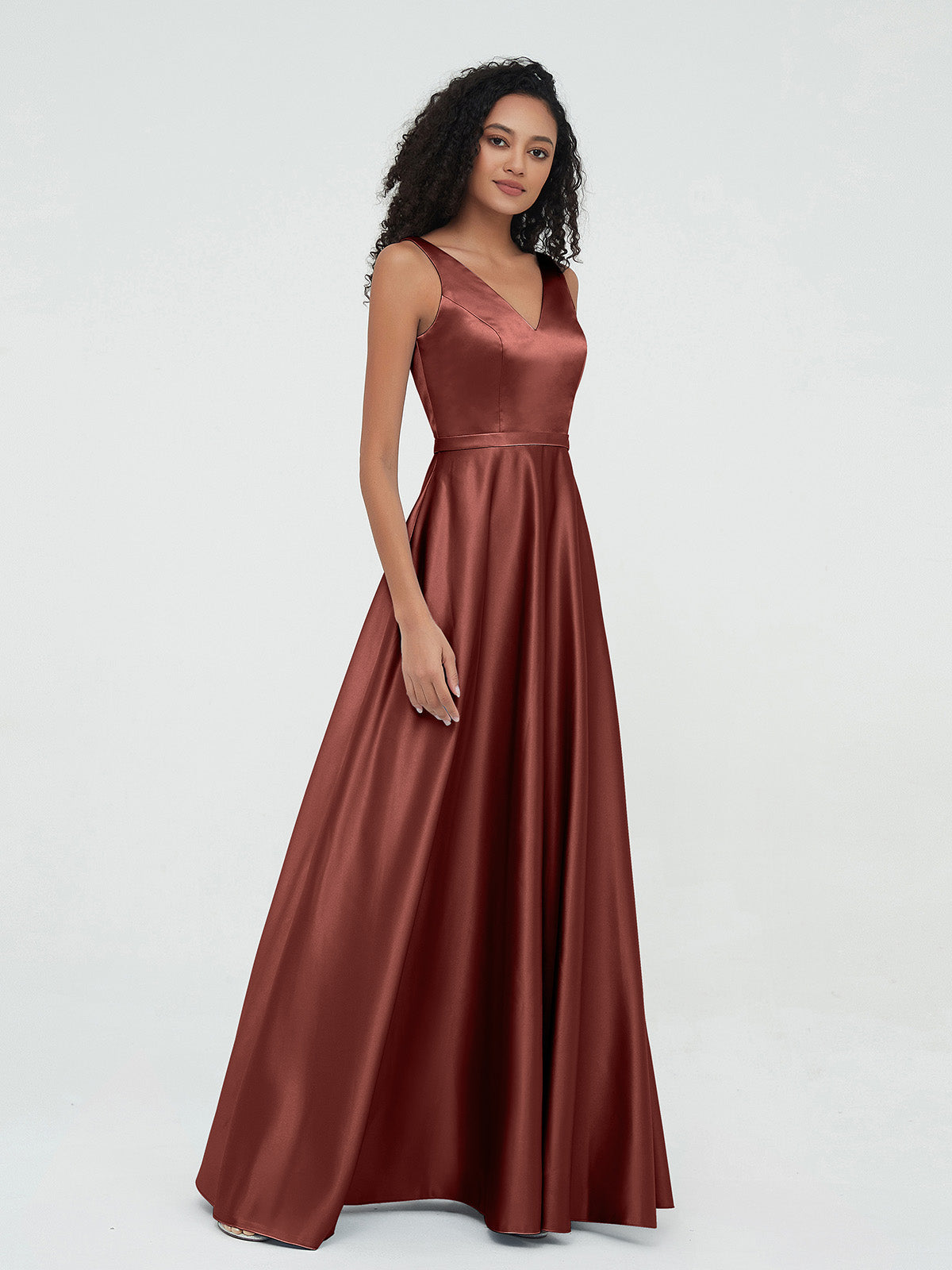 Vestidos máximos de satén estilo A-line con escote en V y bolsillos Terracota