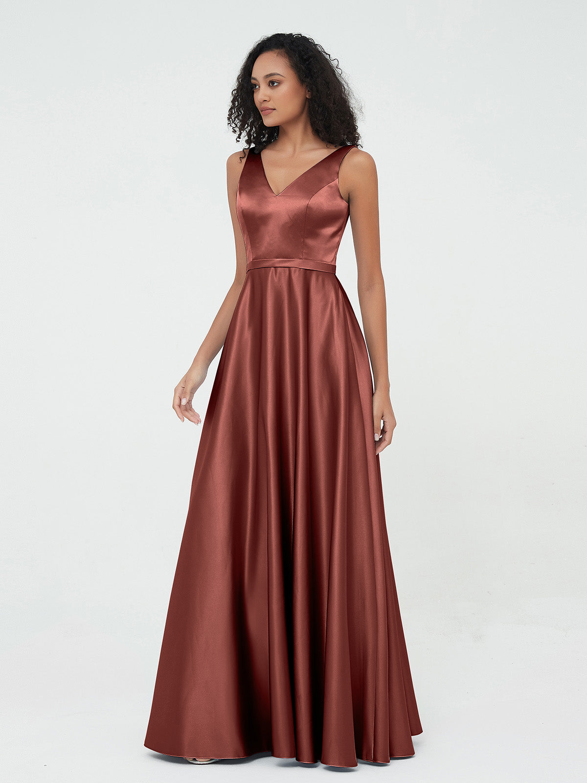 Vestidos máximos de satén estilo A-line con escote en V y bolsillos Terracota Tallas Grandes