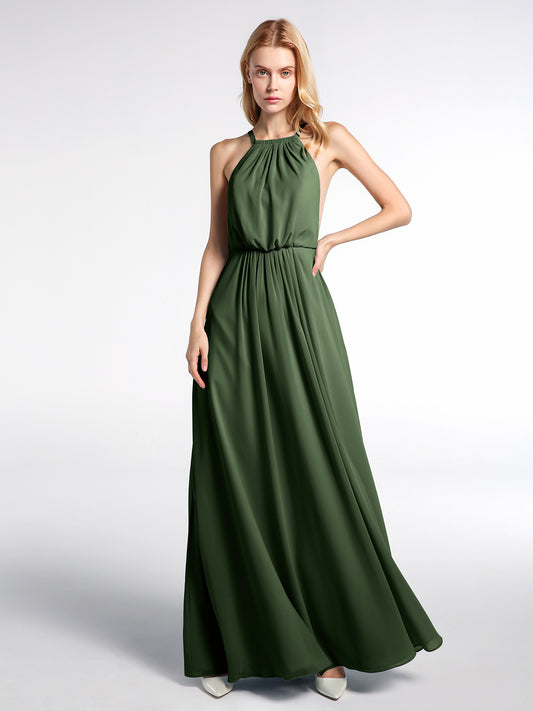 Vestido sexy maxi de chiffon con cuello halter y espalda baja Verde Oliva