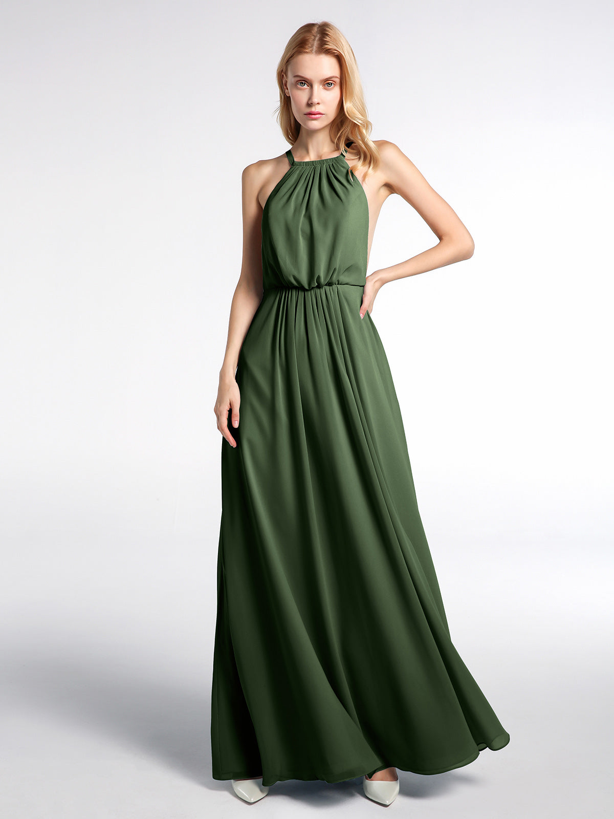 Vestido sexy maxi de chiffon con cuello halter y espalda baja Verde Oliva Tallas Grandes