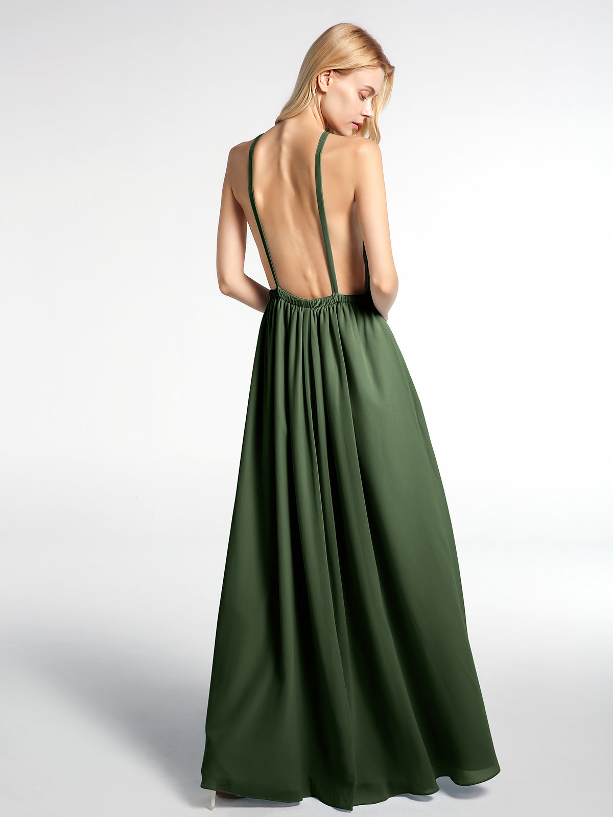 Vestido sexy maxi de chiffon con cuello halter y espalda baja Verde Oliva Tallas Grandes