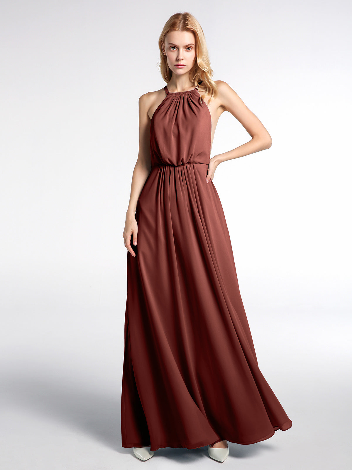 Vestido sexy maxi de chiffon con cuello halter y espalda baja Terracota Tallas Grandes