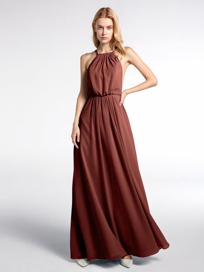 Vestido sexy maxi de chiffon con cuello halter y espalda baja Terracota Tallas Grandes