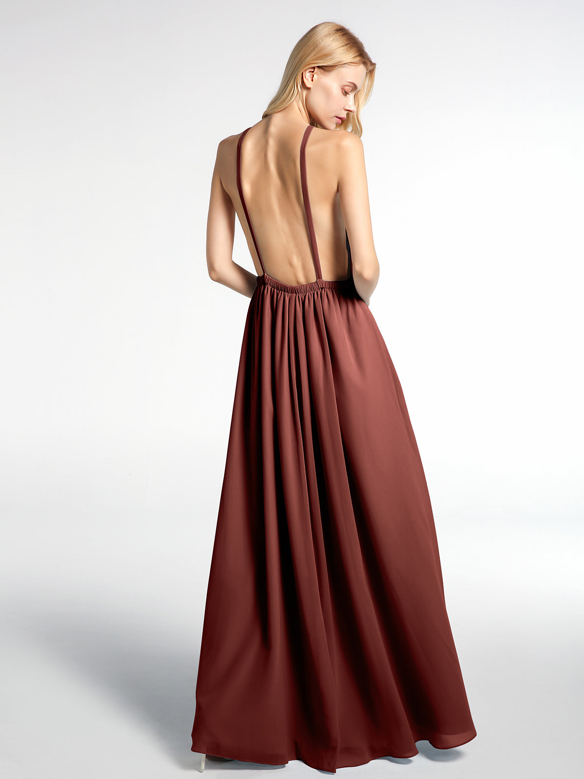 Vestido sexy maxi de chiffon con cuello halter y espalda baja Terracota