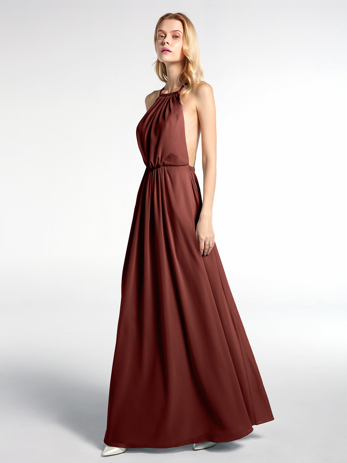 Vestido sexy maxi de chiffon con cuello halter y espalda baja Terracota