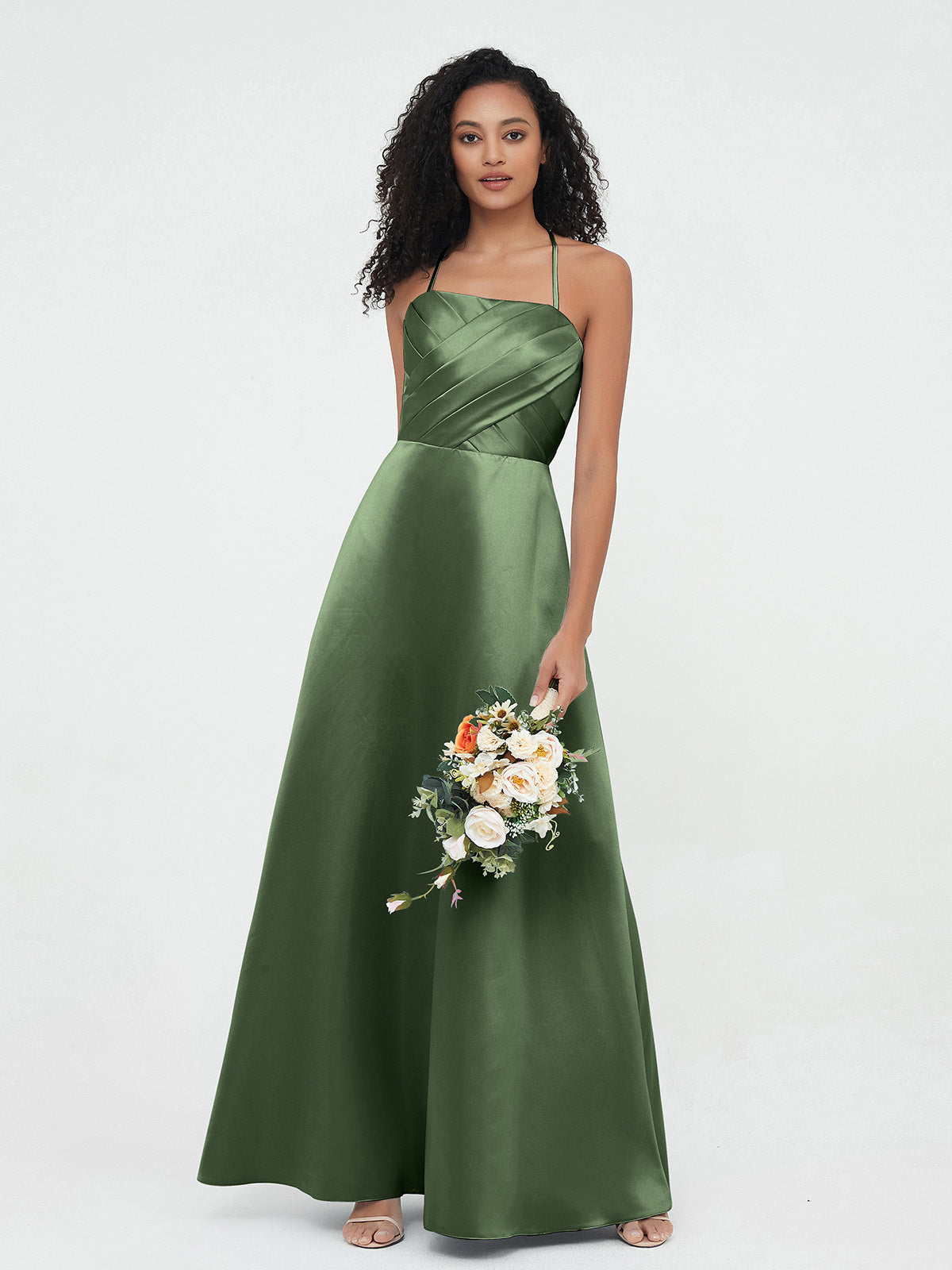 Vestidos largos de satén con tirantes spaghetti y cuerpo plisado Verde Oliva Tallas Grandes