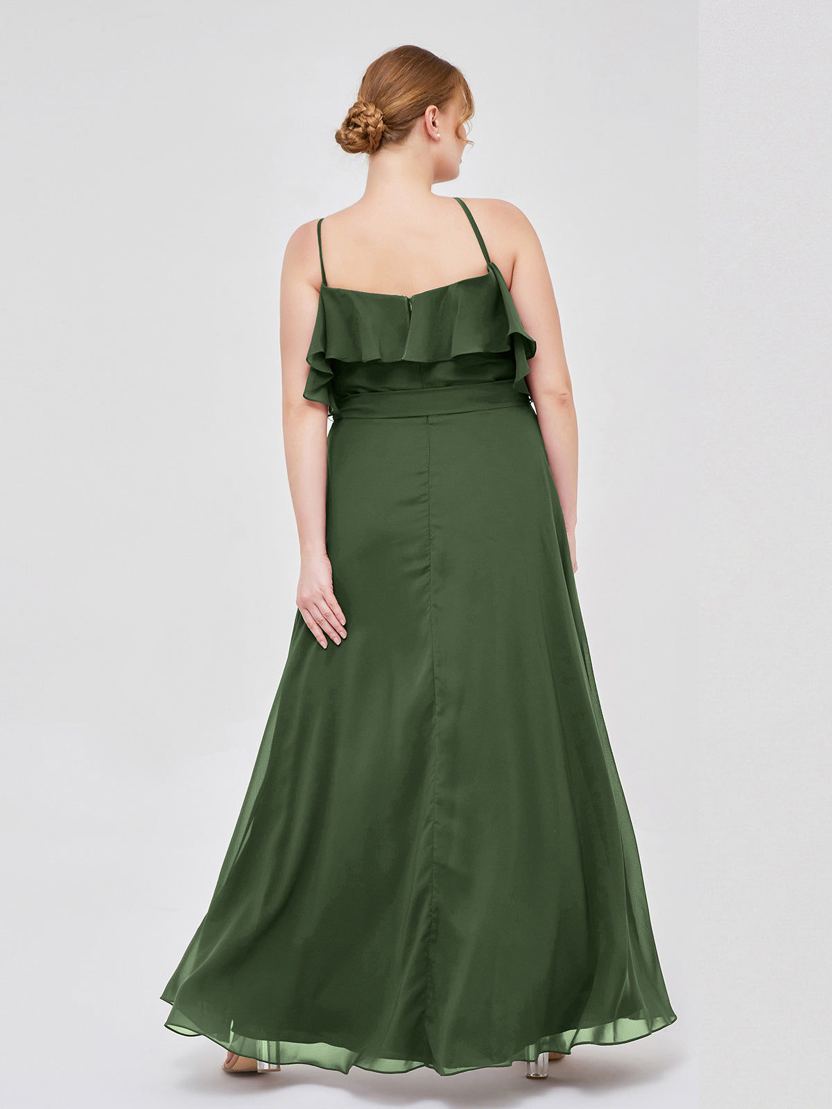 Vestidos largos de dama de honor de chiffon con escote en Y y mangas de volantes Verde Oliva