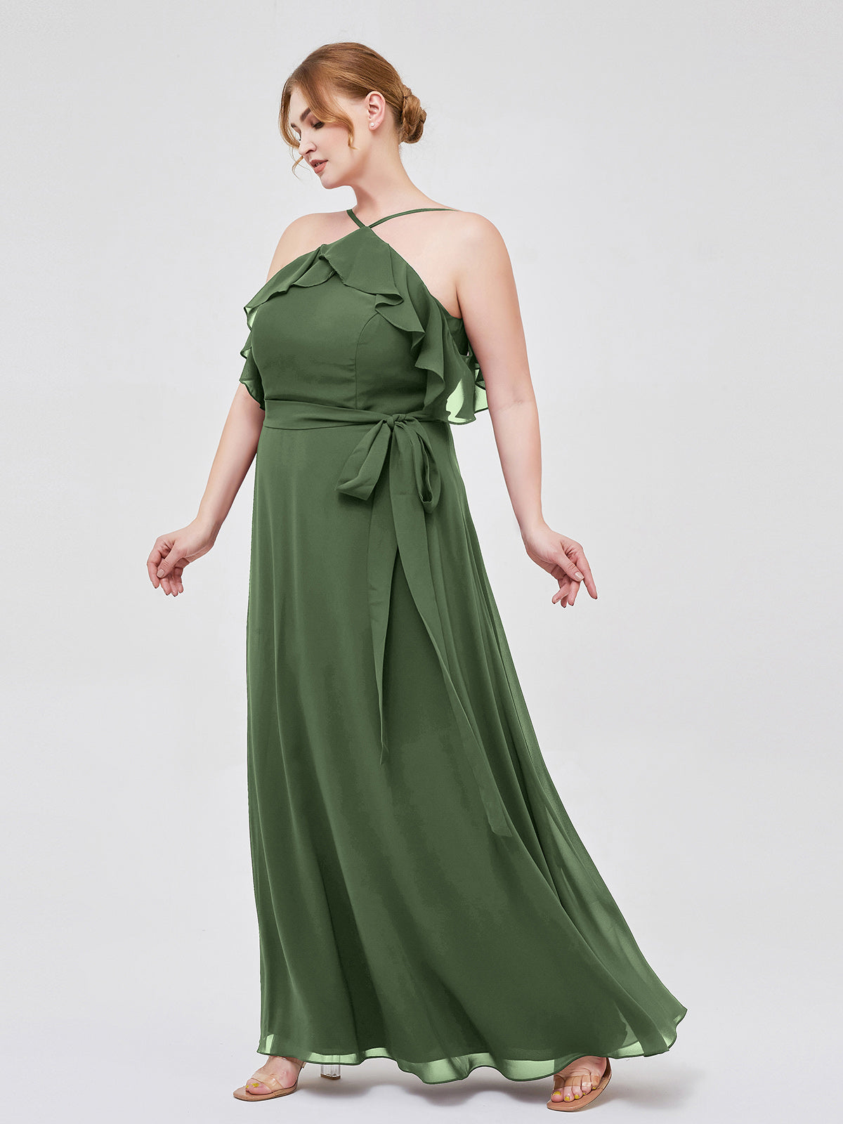 Vestidos largos de dama de honor de chiffon con escote en Y y mangas de volantes Verde Oliva