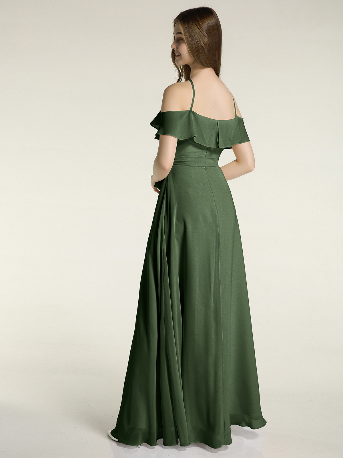 Vestidos largos de dama de honor de chiffon con escote en Y y mangas de volantes Verde Oliva