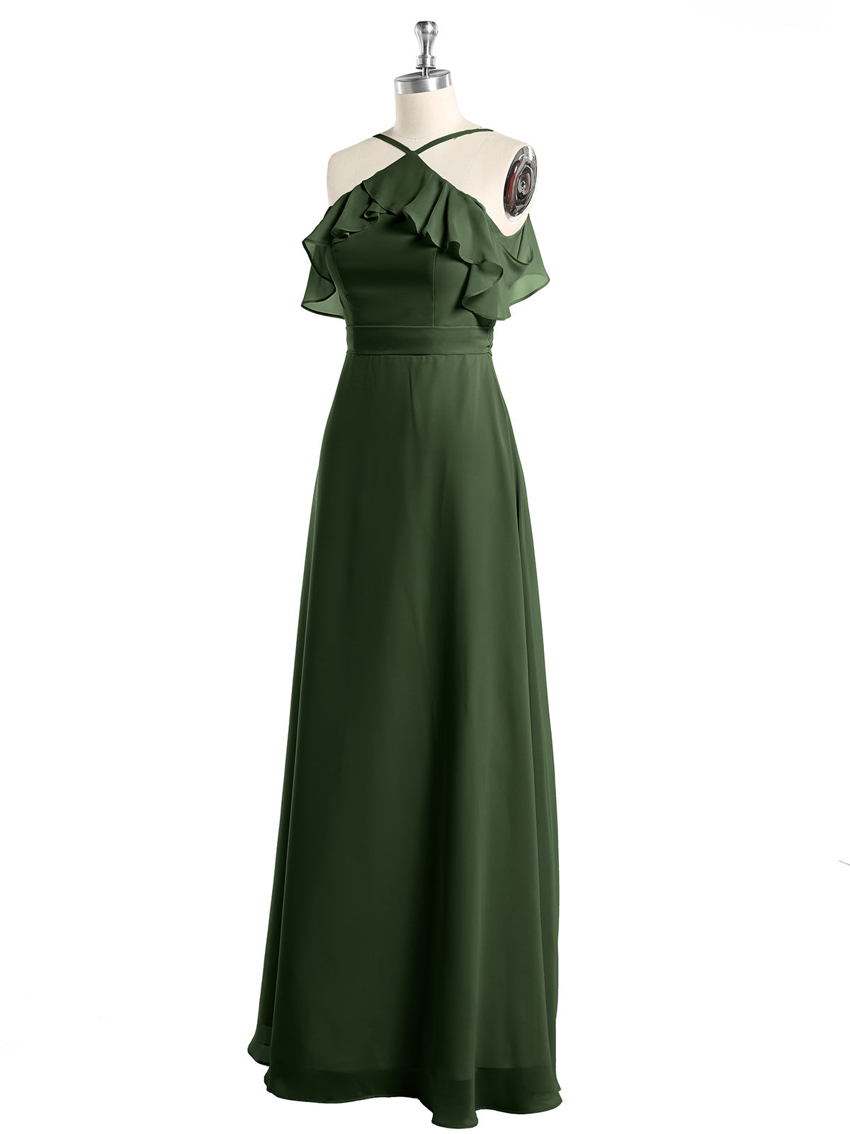 Vestidos largos de dama de honor de chiffon con escote en Y y mangas de volantes Verde Oliva