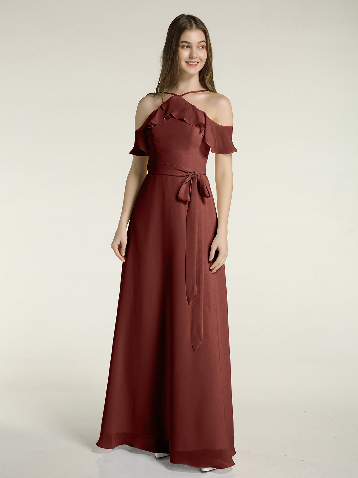 Vestidos largos de dama de honor de chiffon con escote en Y y mangas de volantes Terracota