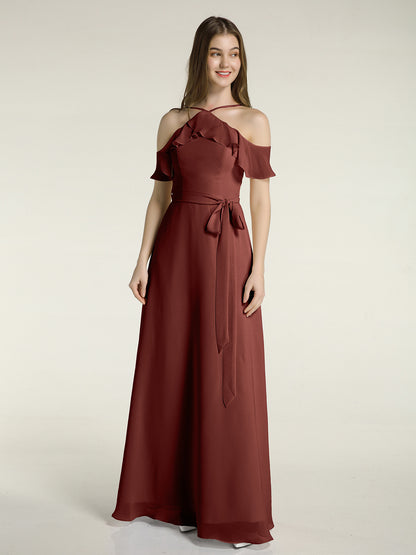 Vestidos largos de dama de honor de chiffon con escote en Y y mangas de volantes Terracota
