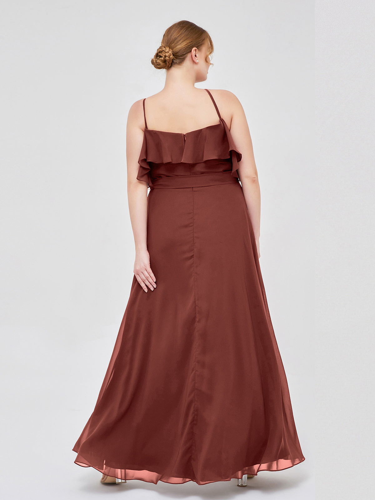 Vestidos largos de dama de honor de chiffon con escote en Y y mangas de volantes Terracota Tallas Grandes
