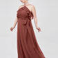 Vestidos largos de dama de honor de chiffon con escote en Y y mangas de volantes Terracota