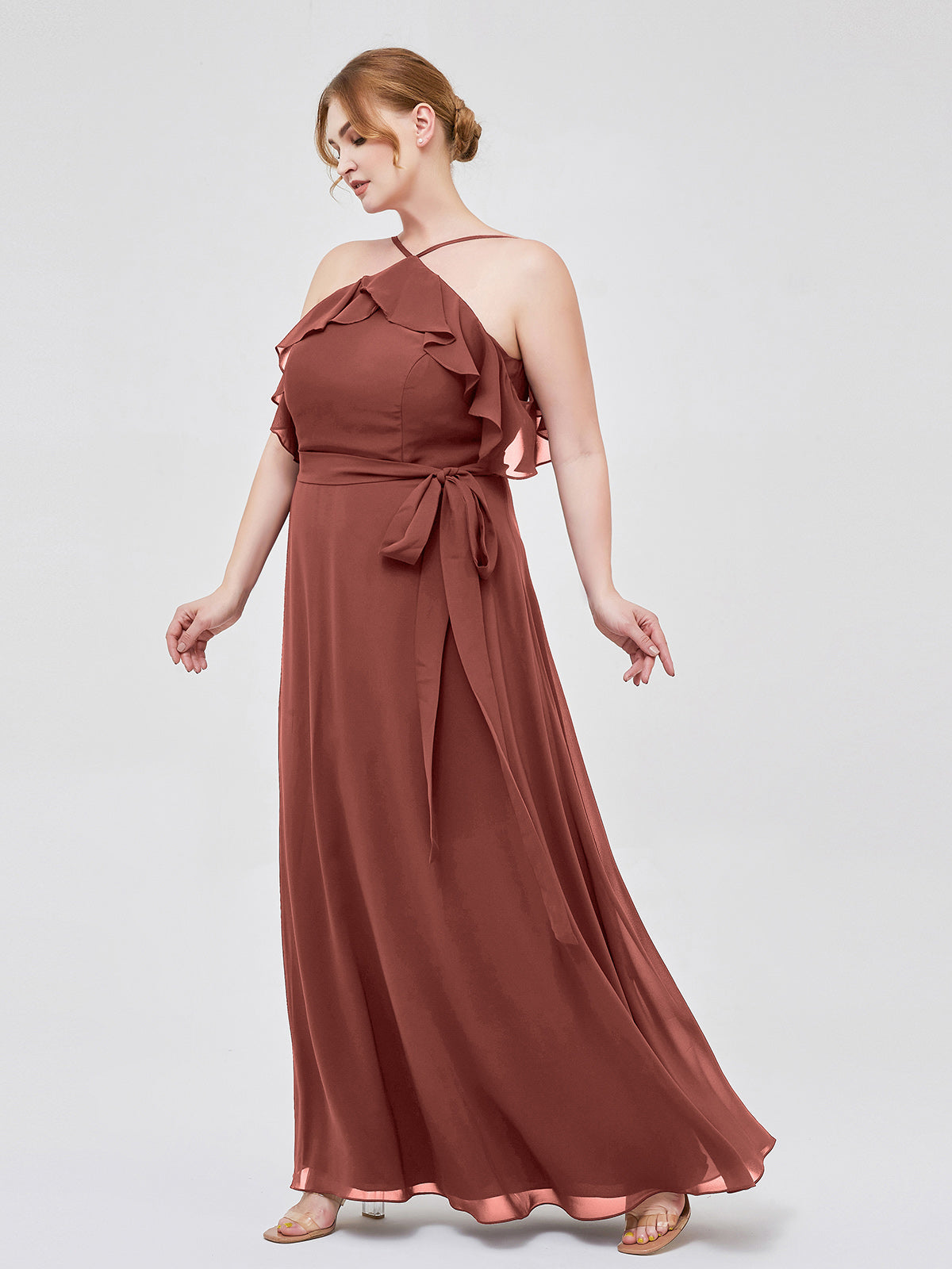 Vestidos largos de dama de honor de chiffon con escote en Y y mangas de volantes Terracota
