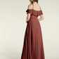 Vestidos largos de dama de honor de chiffon con escote en Y y mangas de volantes Terracota