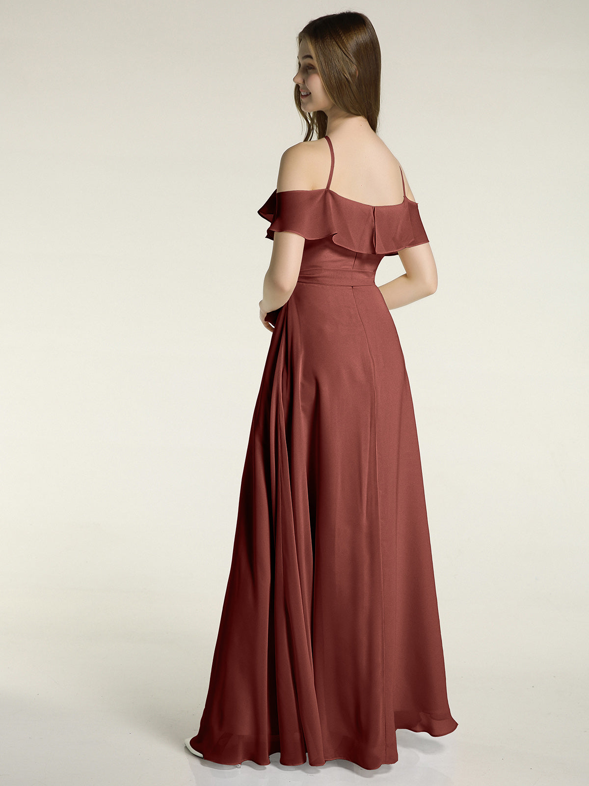 Vestidos largos de dama de honor de chiffon con escote en Y y mangas de volantes Terracota