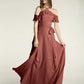 Vestidos largos de dama de honor de chiffon con escote en Y y mangas de volantes Terracota