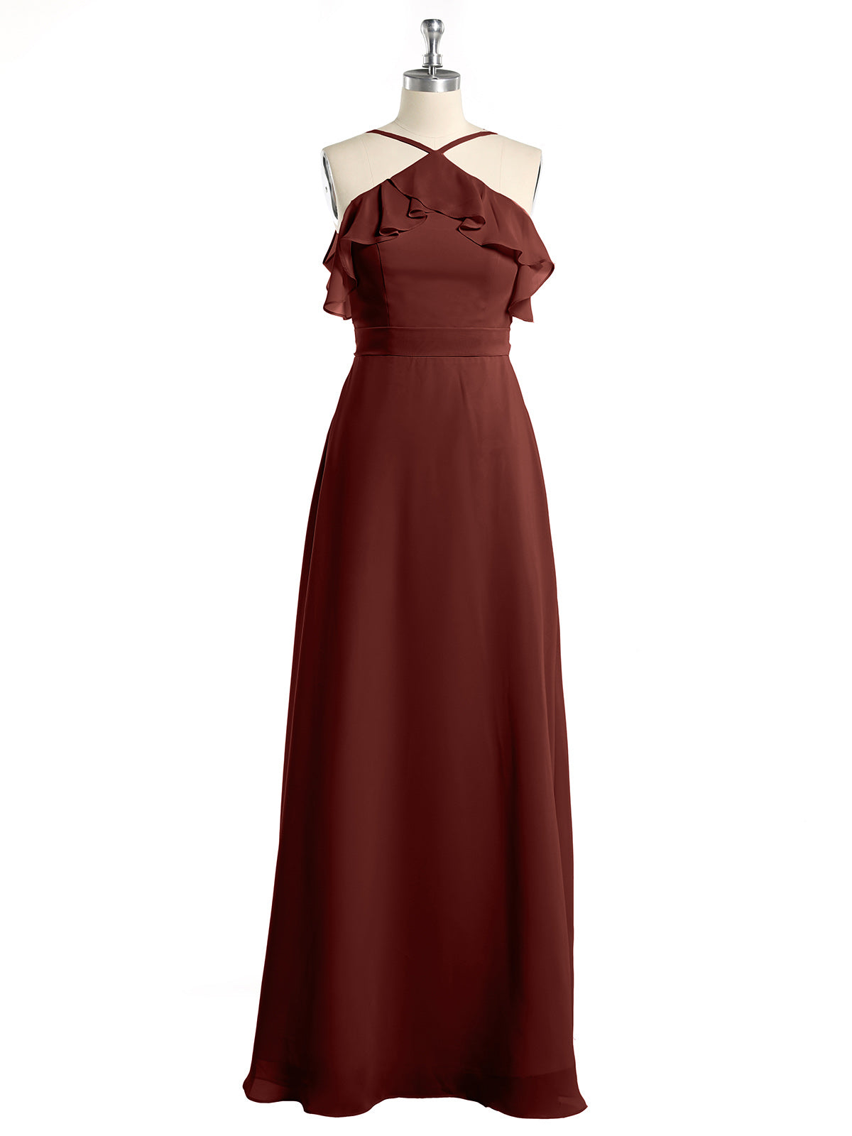 Vestidos largos de dama de honor de chiffon con escote en Y y mangas de volantes Terracota Tallas Grandes