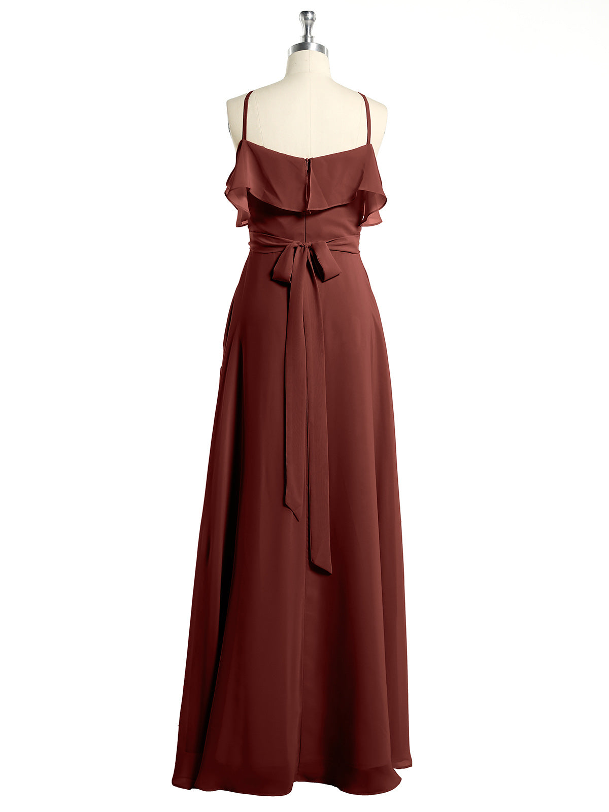Vestidos largos de dama de honor de chiffon con escote en Y y mangas de volantes Terracota