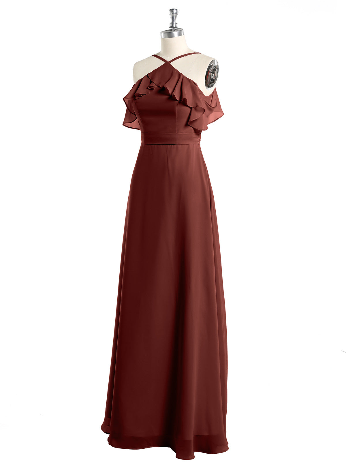 Vestidos largos de dama de honor de chiffon con escote en Y y mangas de volantes Terracota
