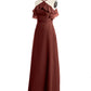Vestidos largos de dama de honor de chiffon con escote en Y y mangas de volantes Terracota Tallas Grandes