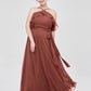 Vestidos largos de dama de honor de chiffon con escote en Y y mangas de volantes Terracota