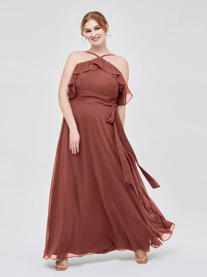 Vestidos largos de dama de honor de chiffon con escote en Y y mangas de volantes Terracota Tallas Grandes