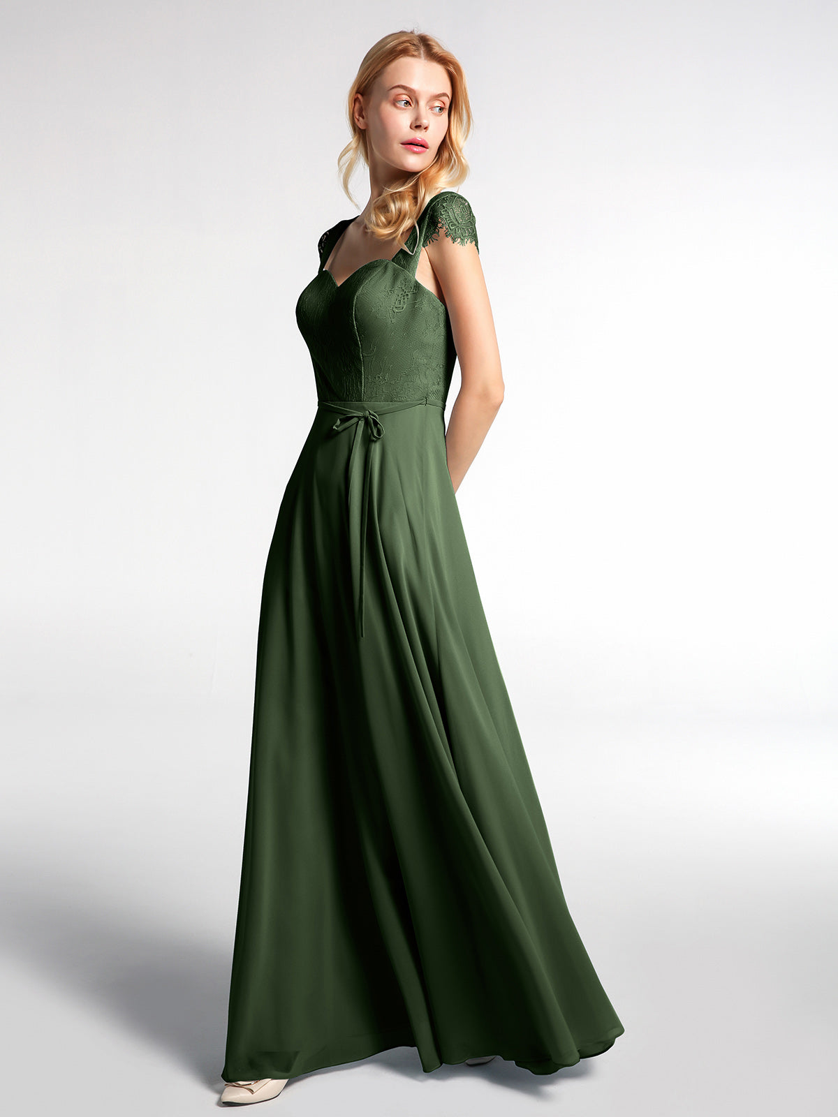 Vestido de encaje en el cuerpo y falda de chiffon con mangas cortas Verde Oliva