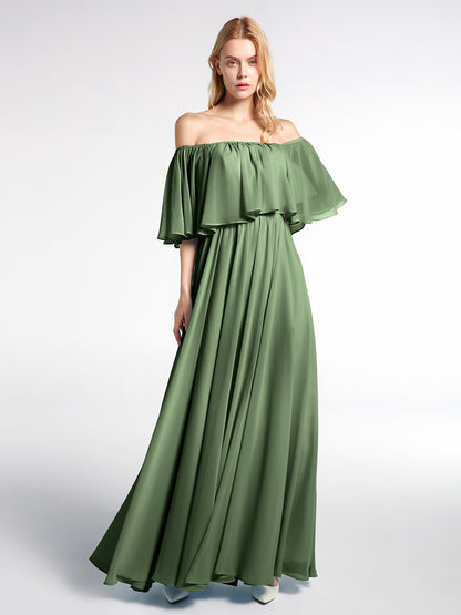 Vestido maxi de chiffon con hombros descubiertos y volantes Verde Oliva