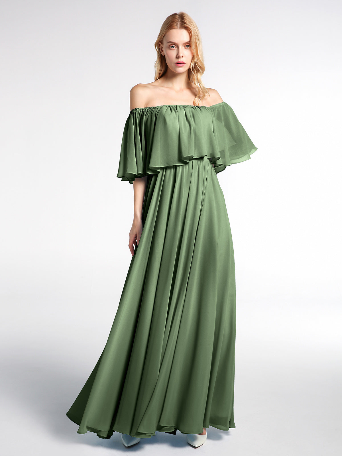 Vestido maxi de chiffon con hombros descubiertos y volantes Verde Oliva Tallas Grandes