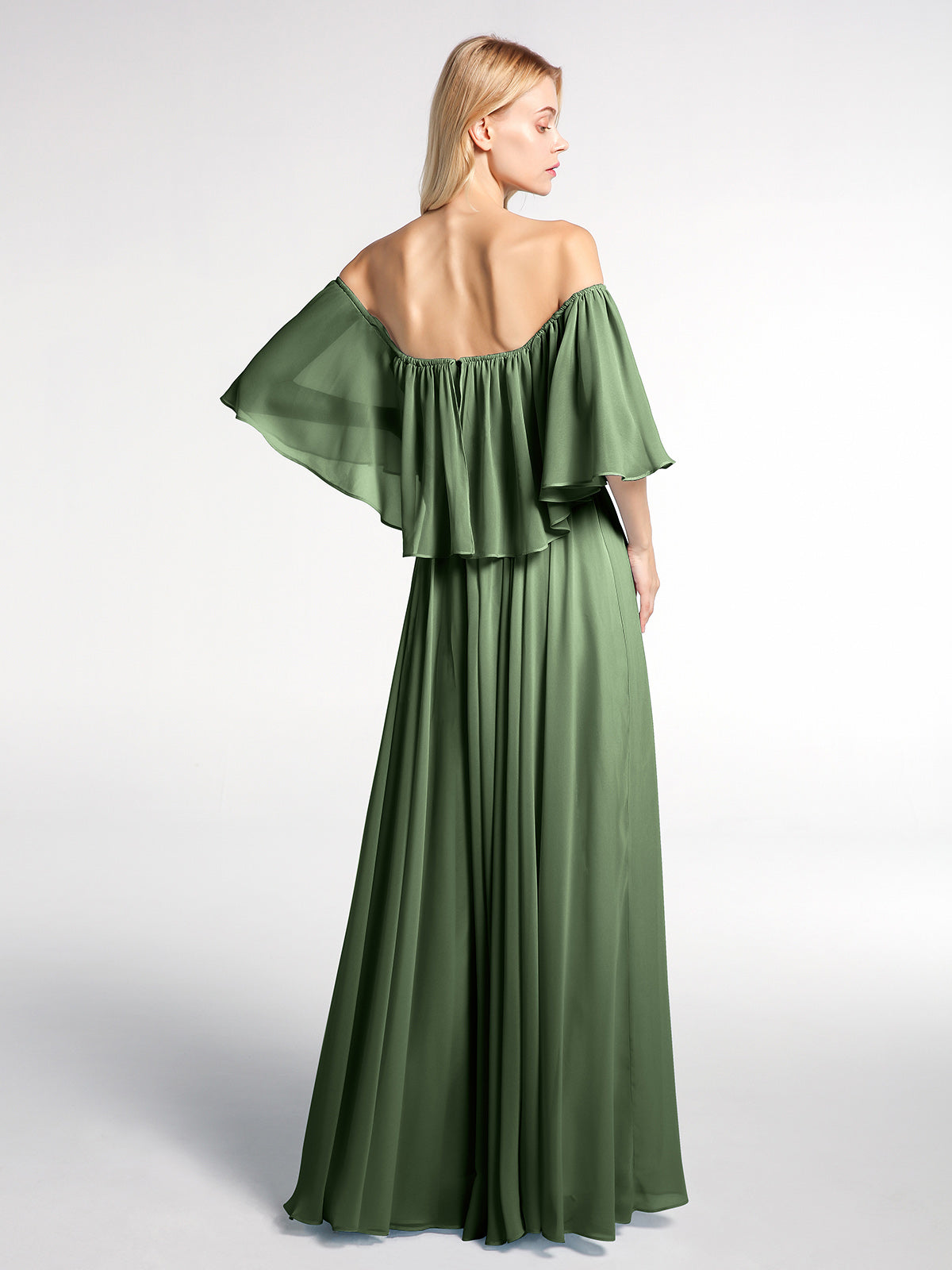 Vestido maxi de chiffon con hombros descubiertos y volantes Verde Oliva